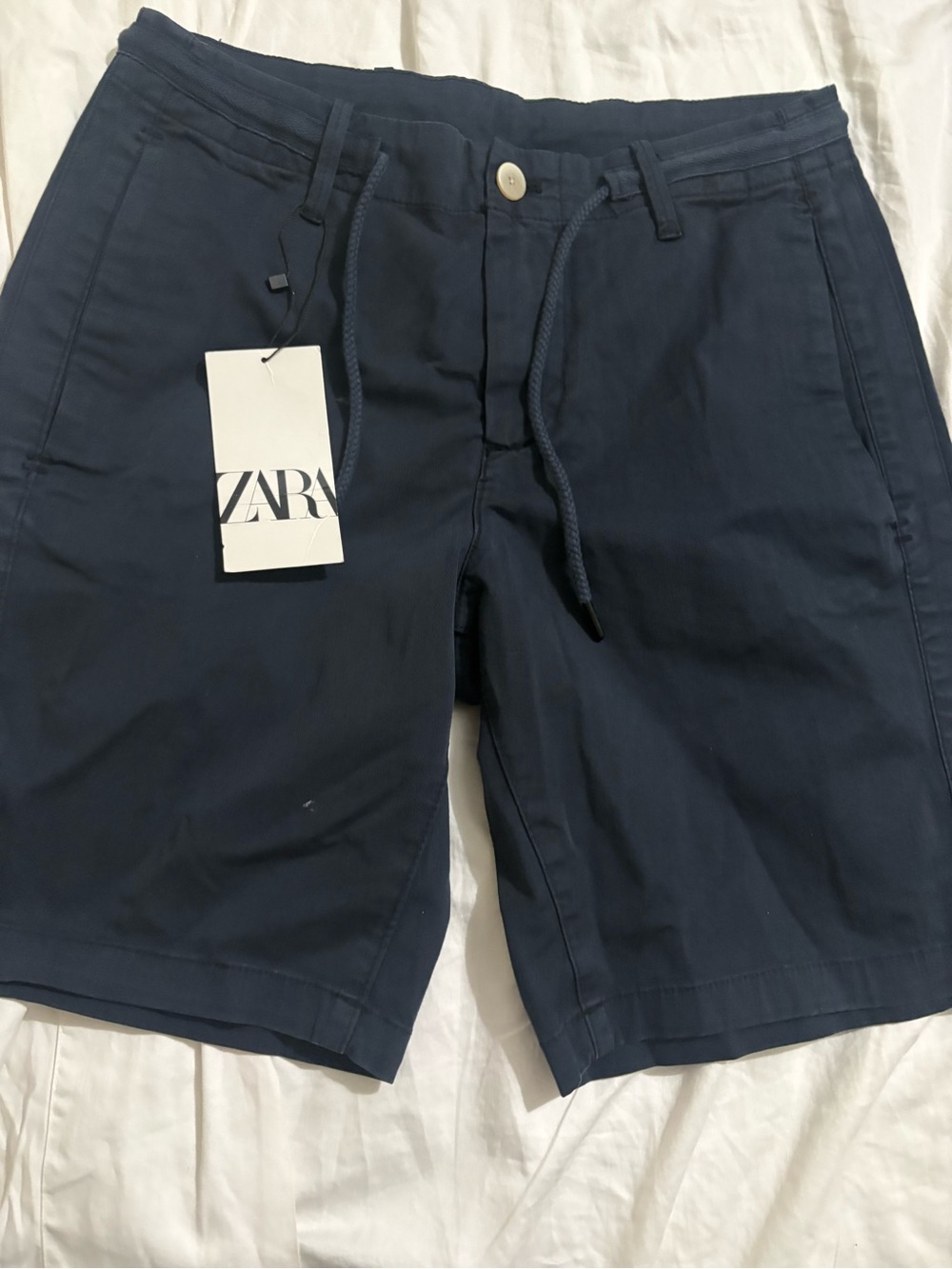 Zara Men Navy Drawstring Cotton-Blend Shorts